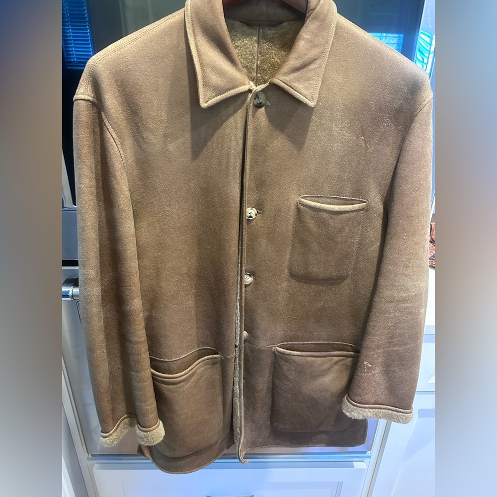 Seraphin Paris Mouton Shearling Jacket Tan Leather Coat Size 50 Luxury